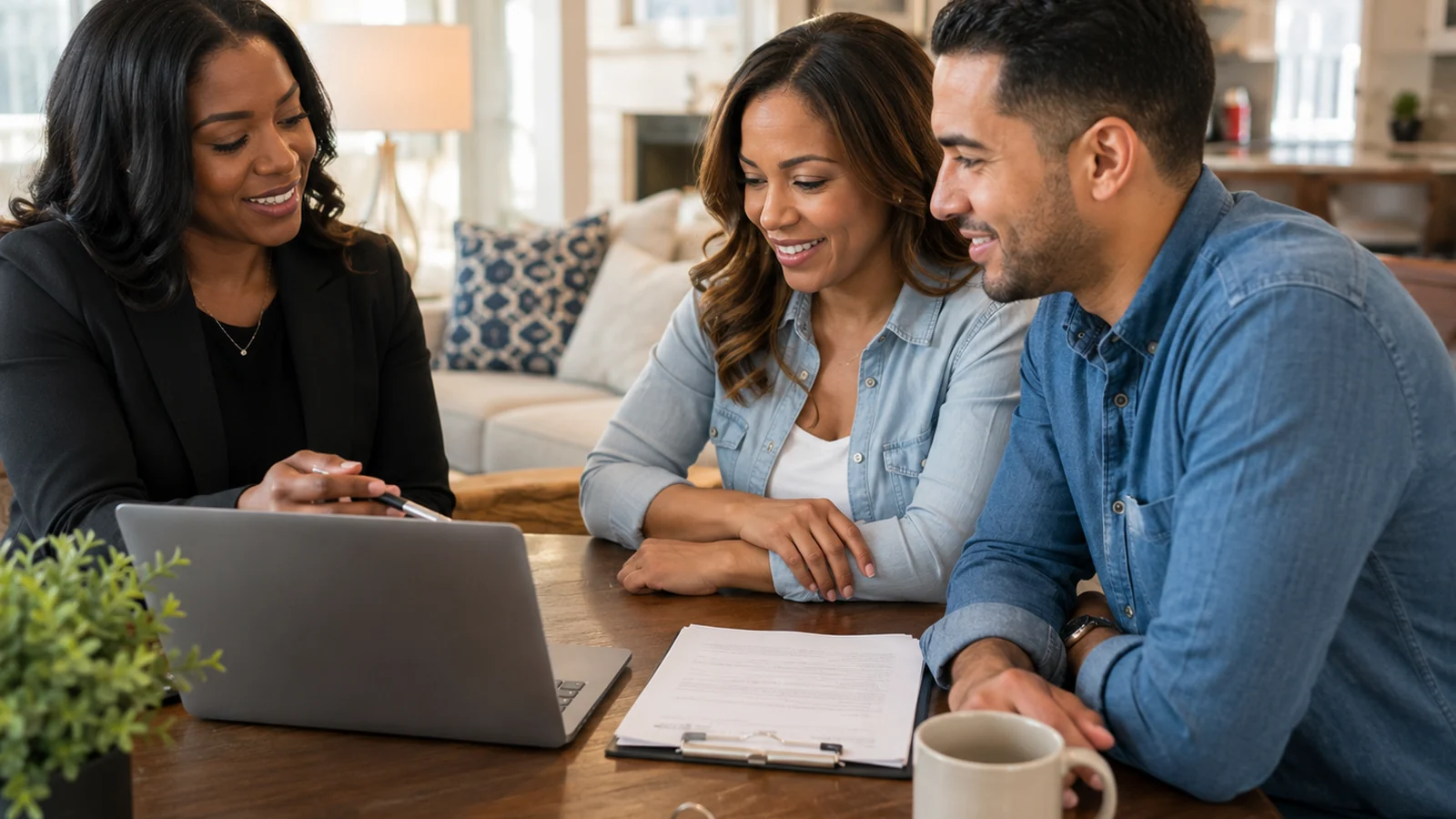first-time buyer planning session with keys and laptop, no readable screen
