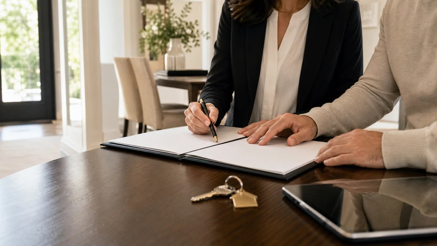 Houston-area buyer and agent reviewing a written buyer representation agreement before touring homes