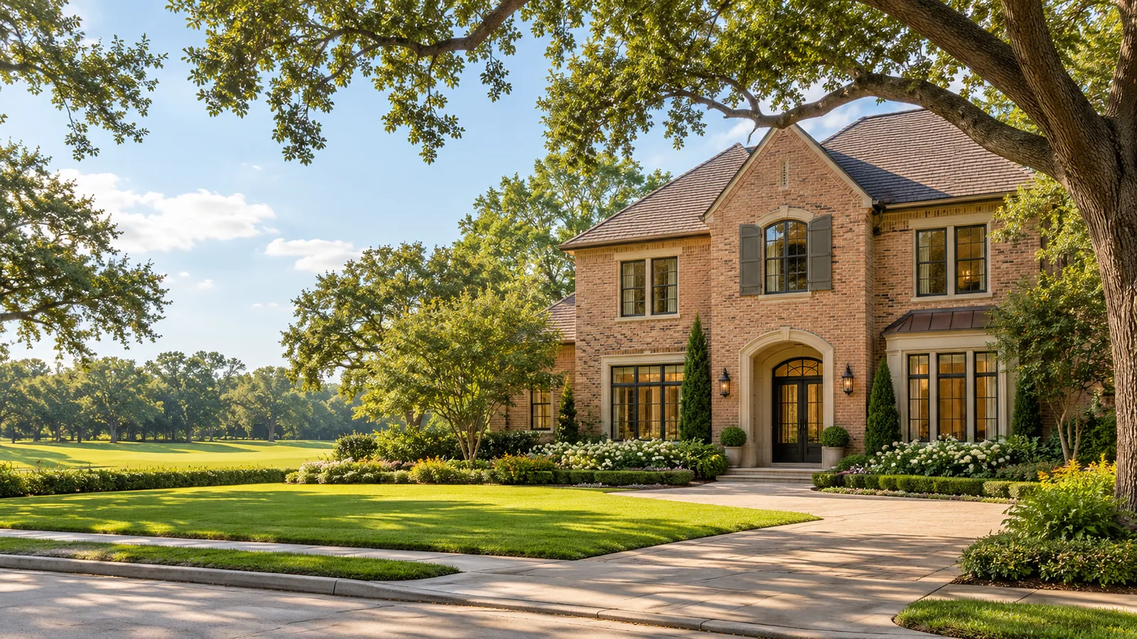 AI architectural illustration of a bright brick home among mature Houston-style trees and landscaping