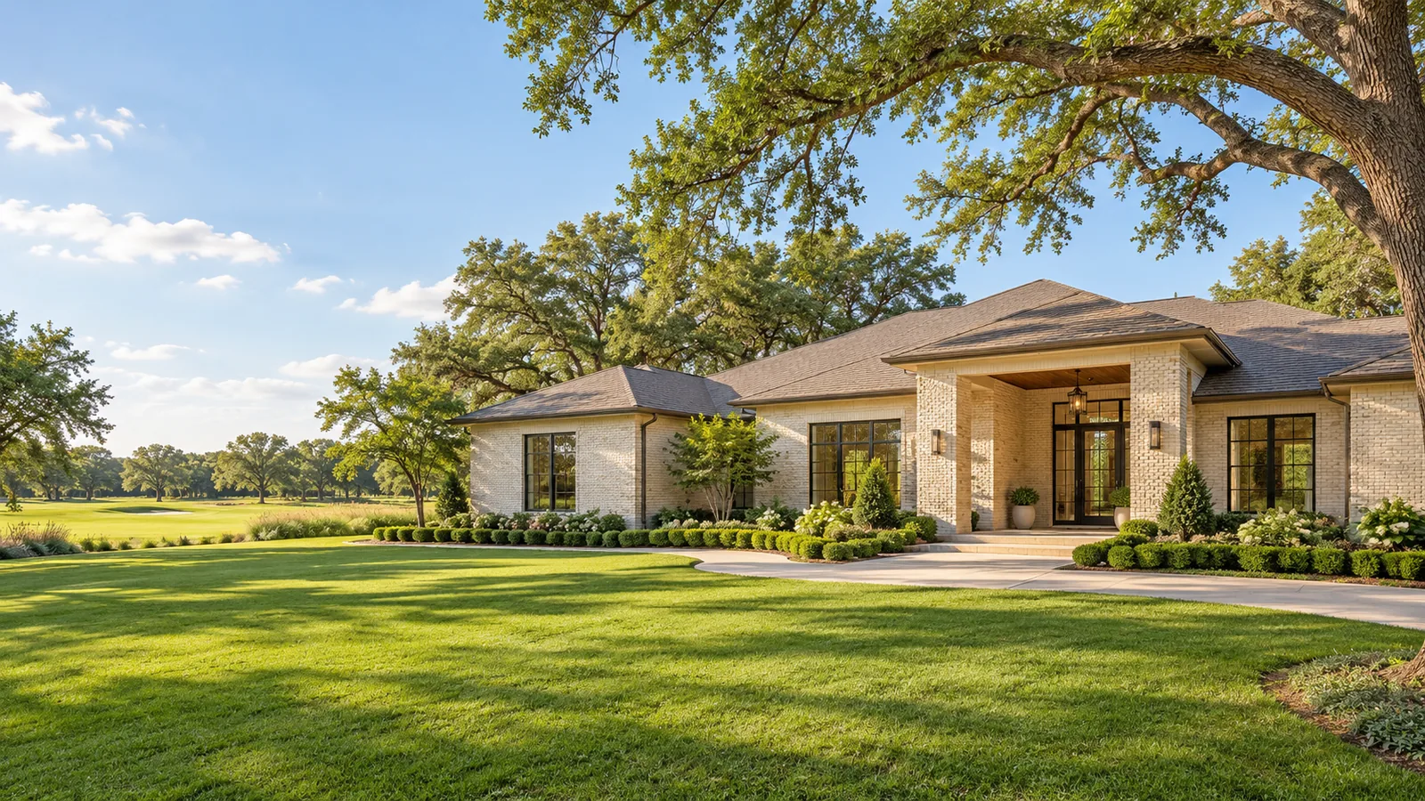 AI architectural illustration of a bright brick home among mature Houston-style trees and landscaping