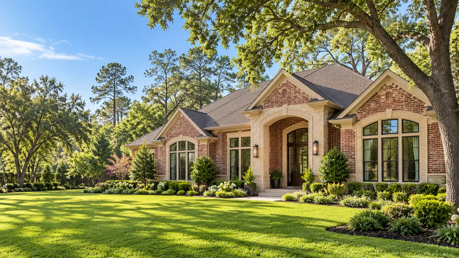 Brick home with a covered entrance, green lawn and mature trees.