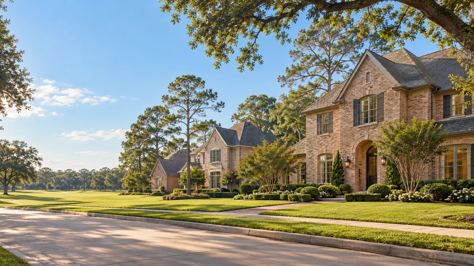 AI architectural illustration of brick homes along a sunny tree-lined residential street