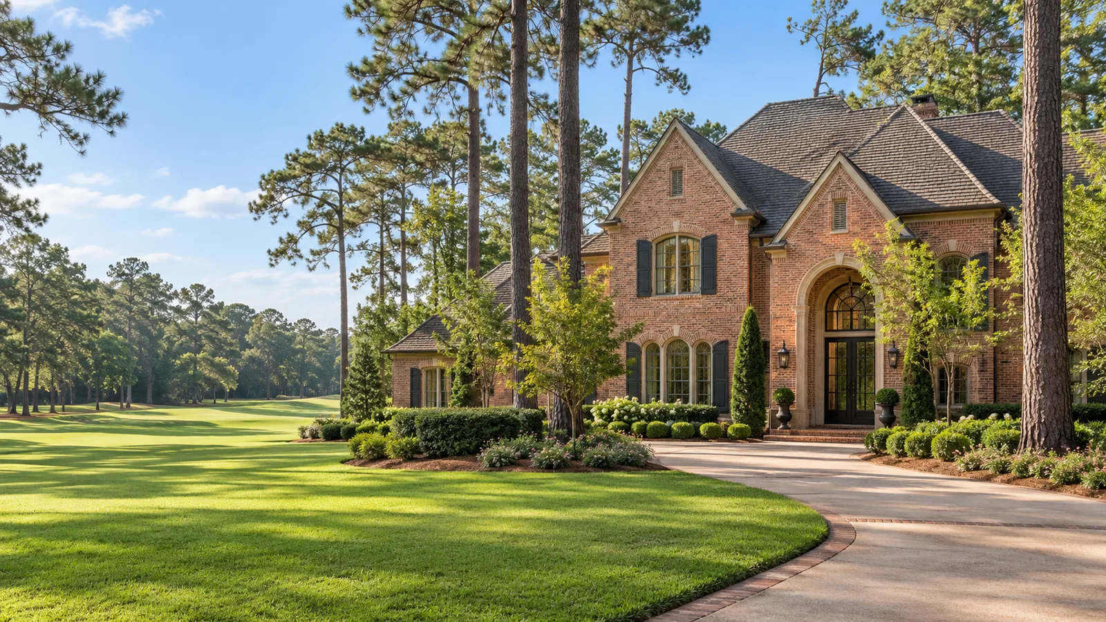 AI architectural illustration of a bright brick home among mature Houston-style trees and landscaping