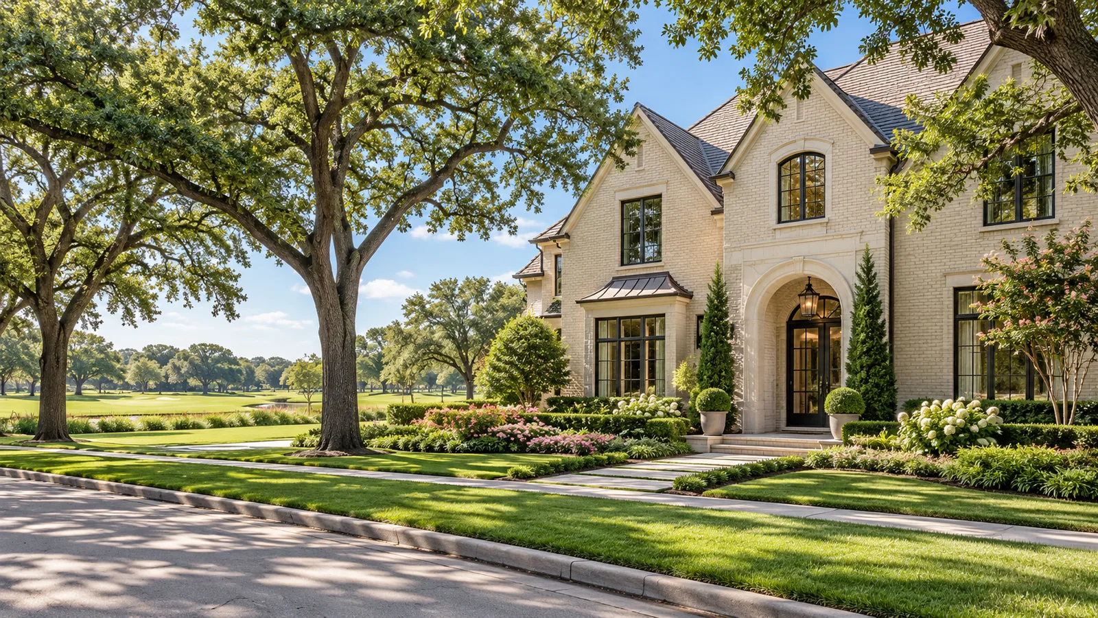AI architectural illustration of a bright brick home among mature Houston-style trees and landscaping