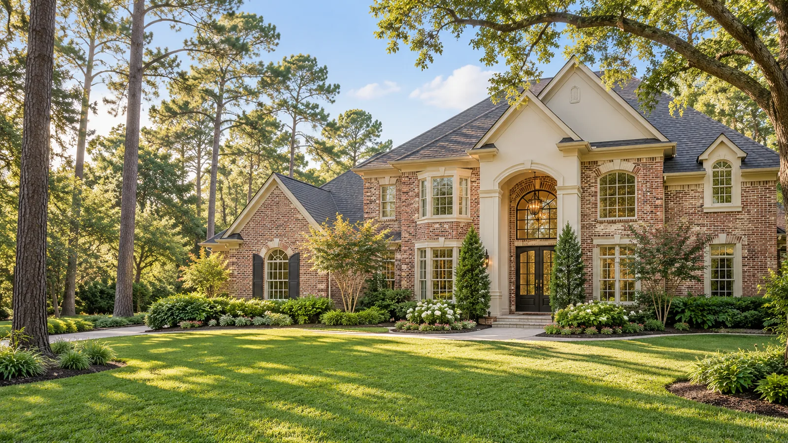 Brick home with an arched front entrance and mature shade trees.