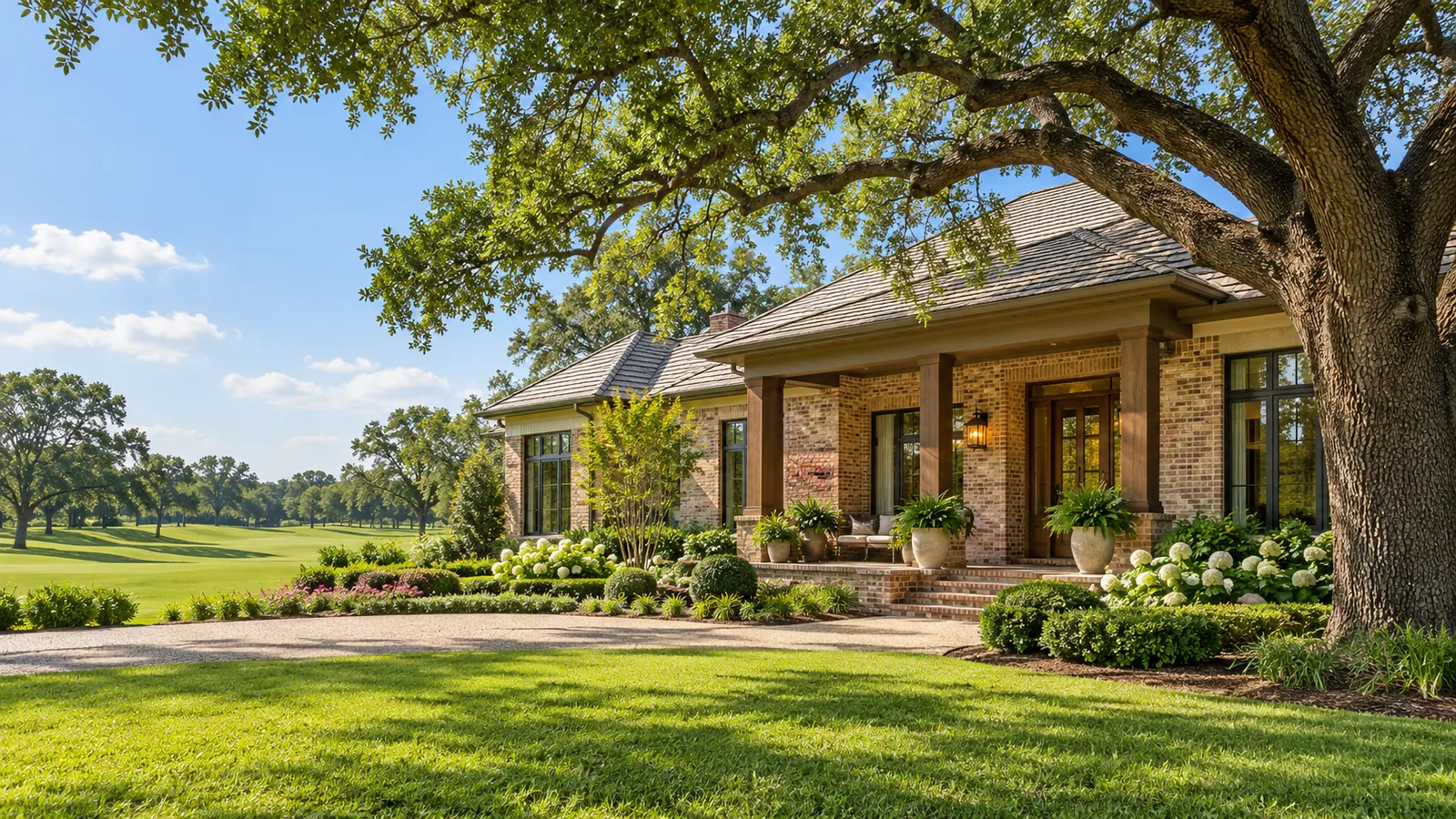 AI architectural illustration of a bright brick home among mature Houston-style trees and landscaping
