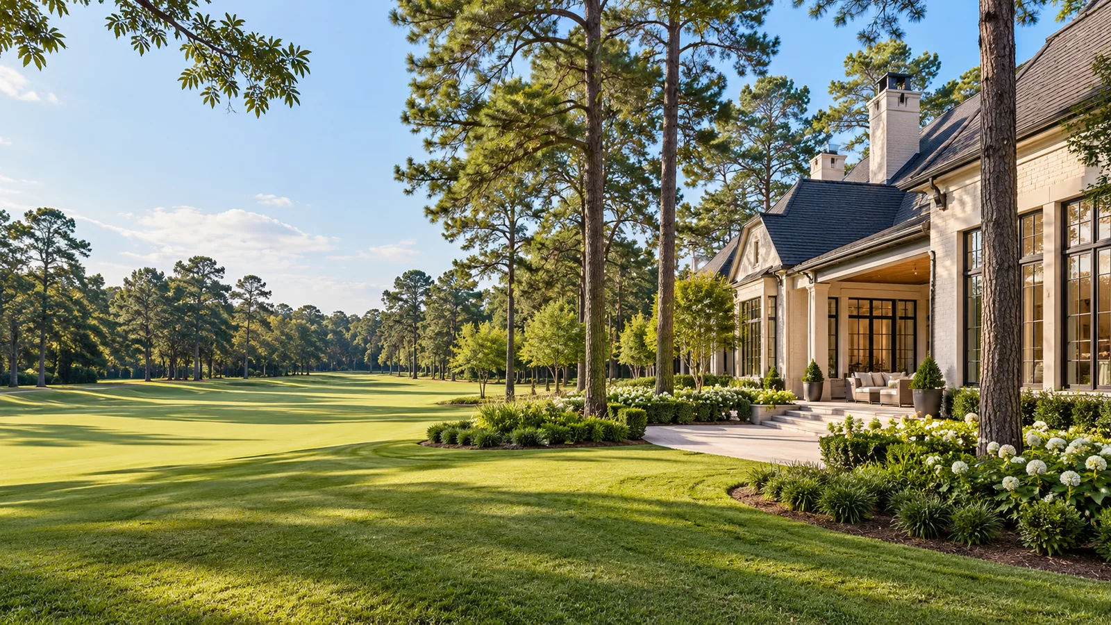 AI architectural illustration of a bright home beside a broad pine-lined lawn, not an actual property