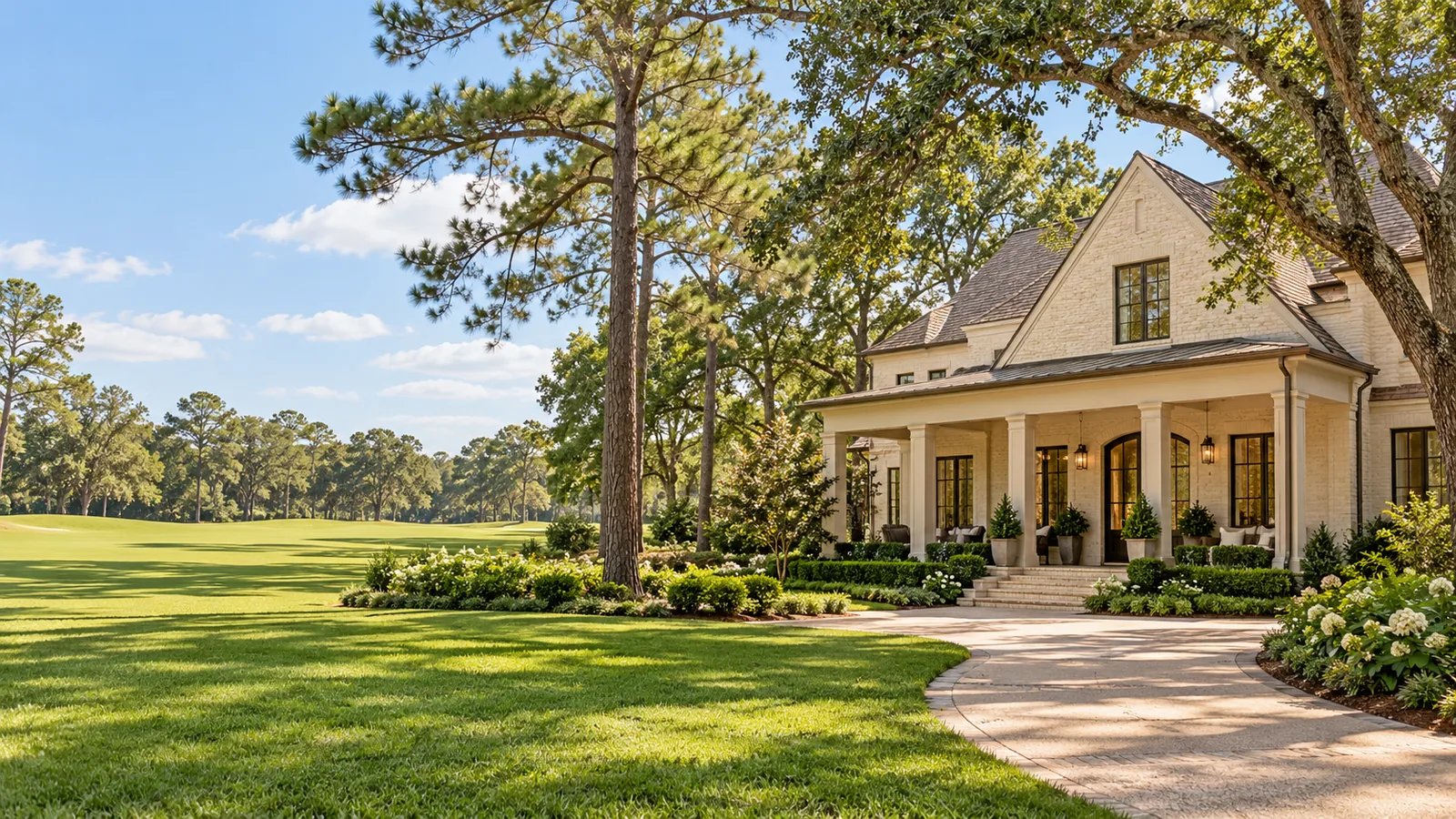 AI architectural illustration of a bright brick home among mature Houston-style trees and landscaping