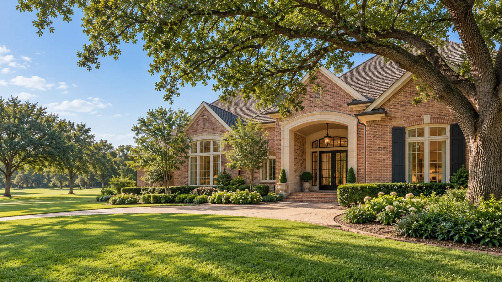 AI architectural illustration of a bright brick home among mature Houston-style trees and landscaping