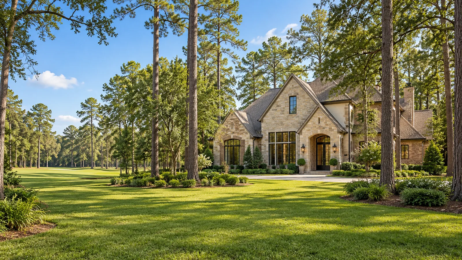 AI architectural illustration of a bright brick home among mature Houston-style trees and landscaping