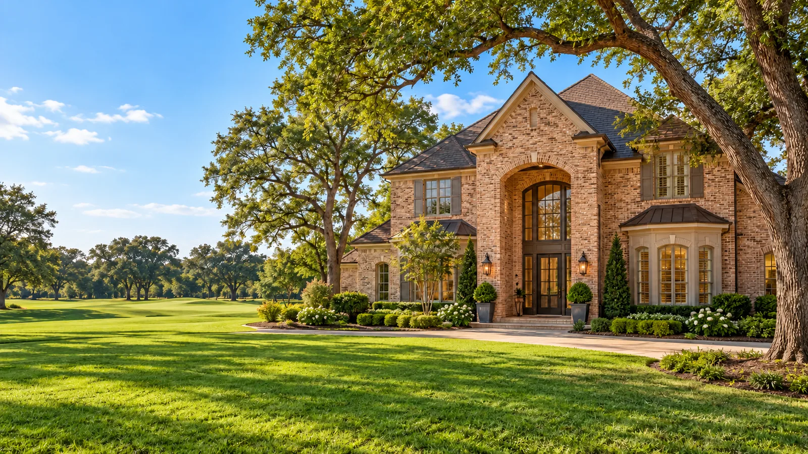 AI architectural illustration of a bright brick home among mature Houston-style trees and landscaping