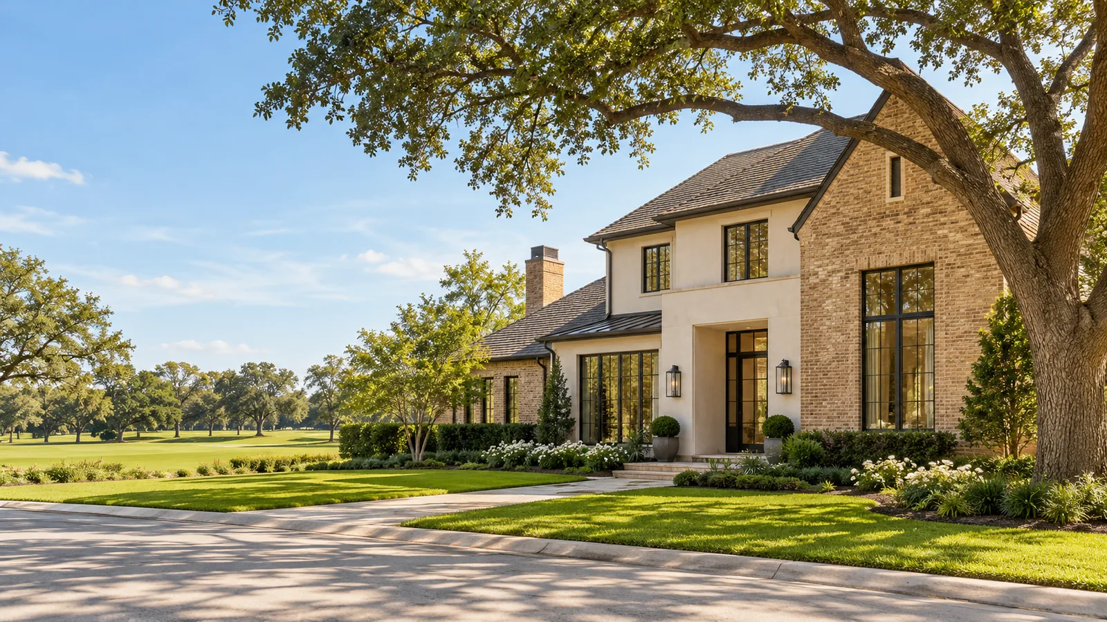 AI architectural illustration of a bright brick home among mature Houston-style trees and landscaping