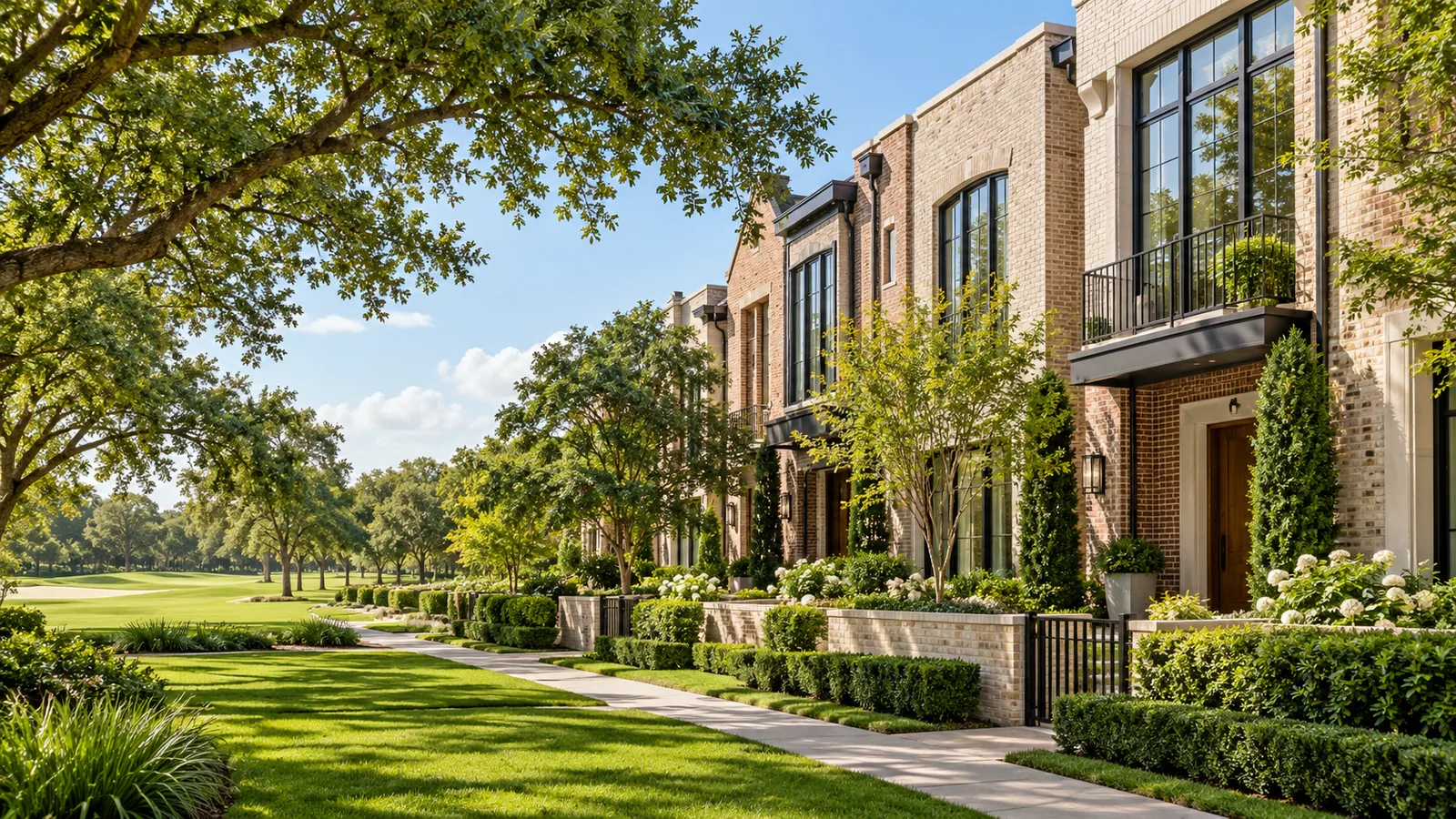 AI architectural illustration of brick townhomes with planted courtyards along a leafy street