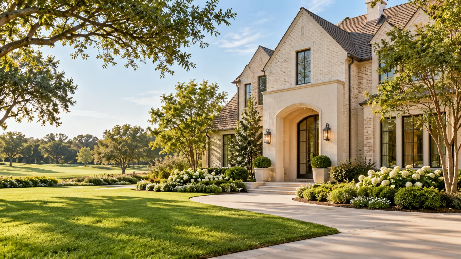AI architectural illustration of a bright brick home among mature Houston-style trees and landscaping