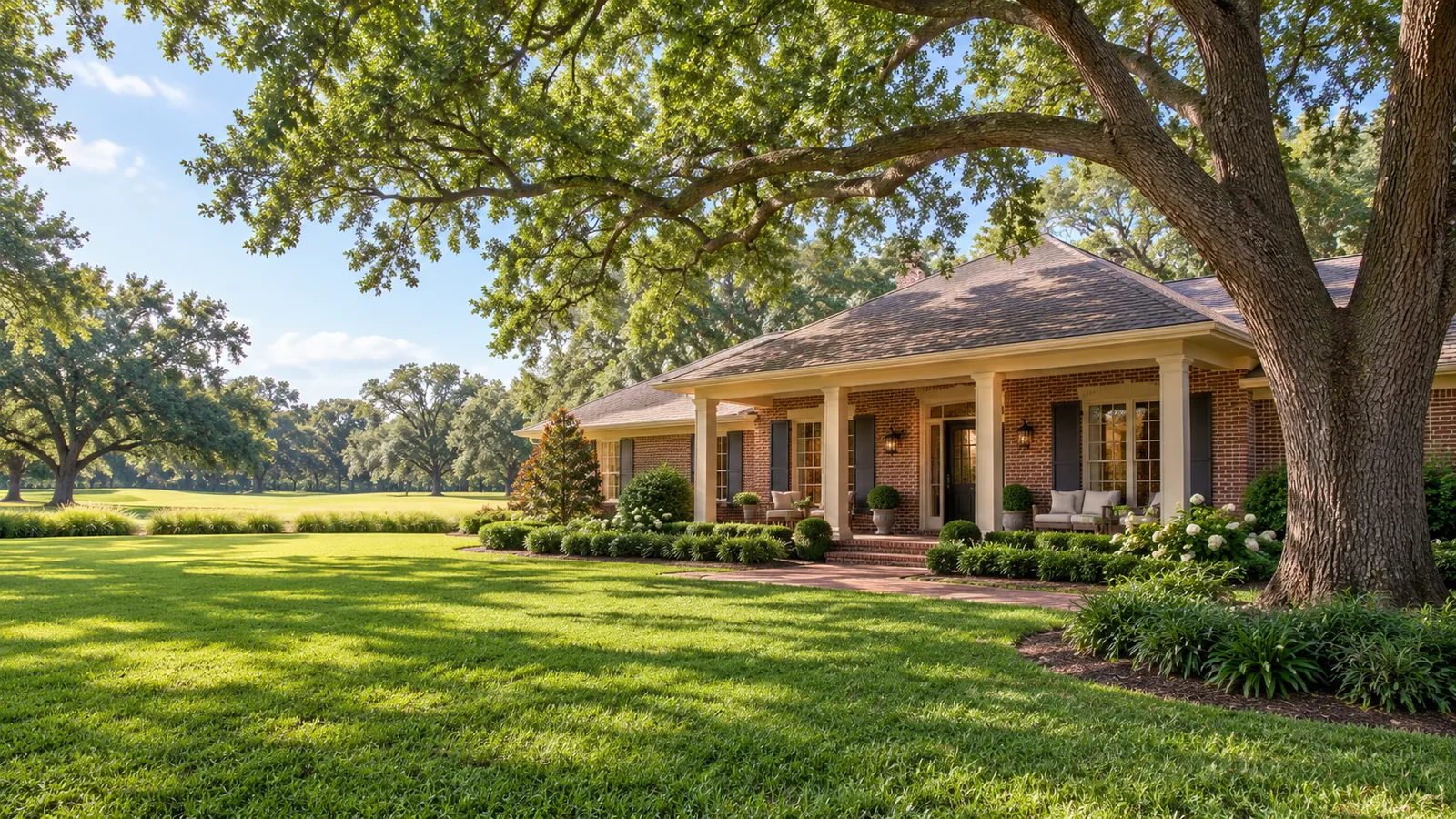 AI architectural illustration of a bright brick home among mature Houston-style trees and landscaping