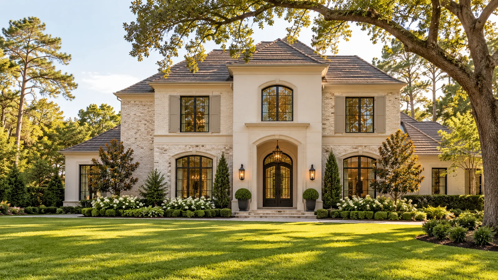 AI architectural illustration of a bright brick home among mature Houston-style trees and landscaping
