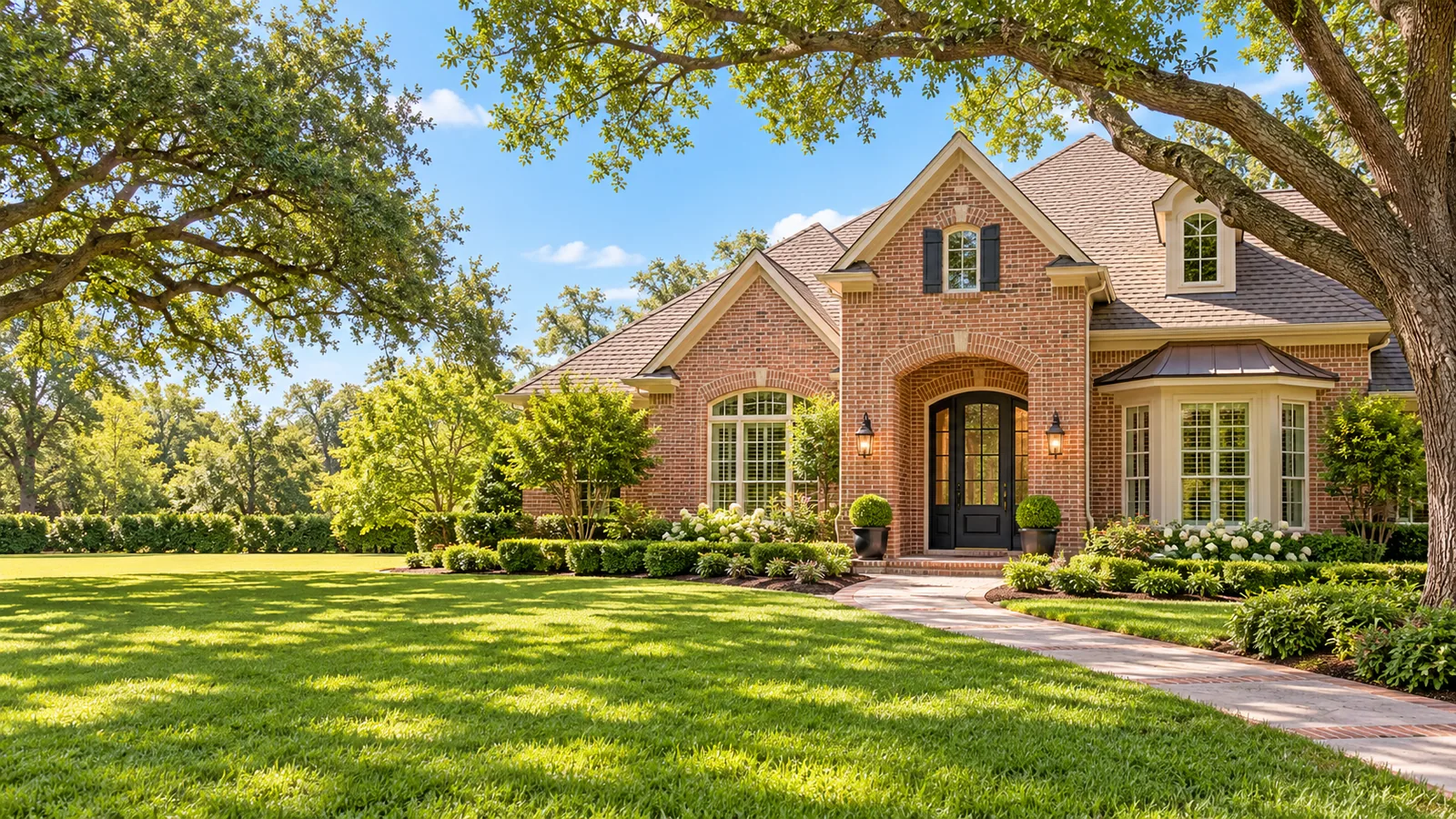 Brick home with an arched doorway, clipped shrubs and a tree-shaded front lawn.