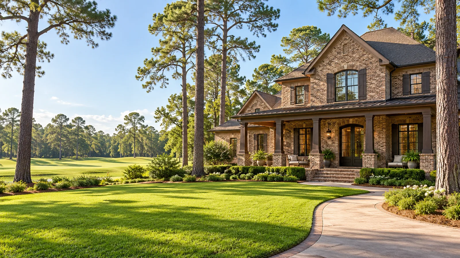 AI architectural illustration of a bright brick home among mature Houston-style trees and landscaping