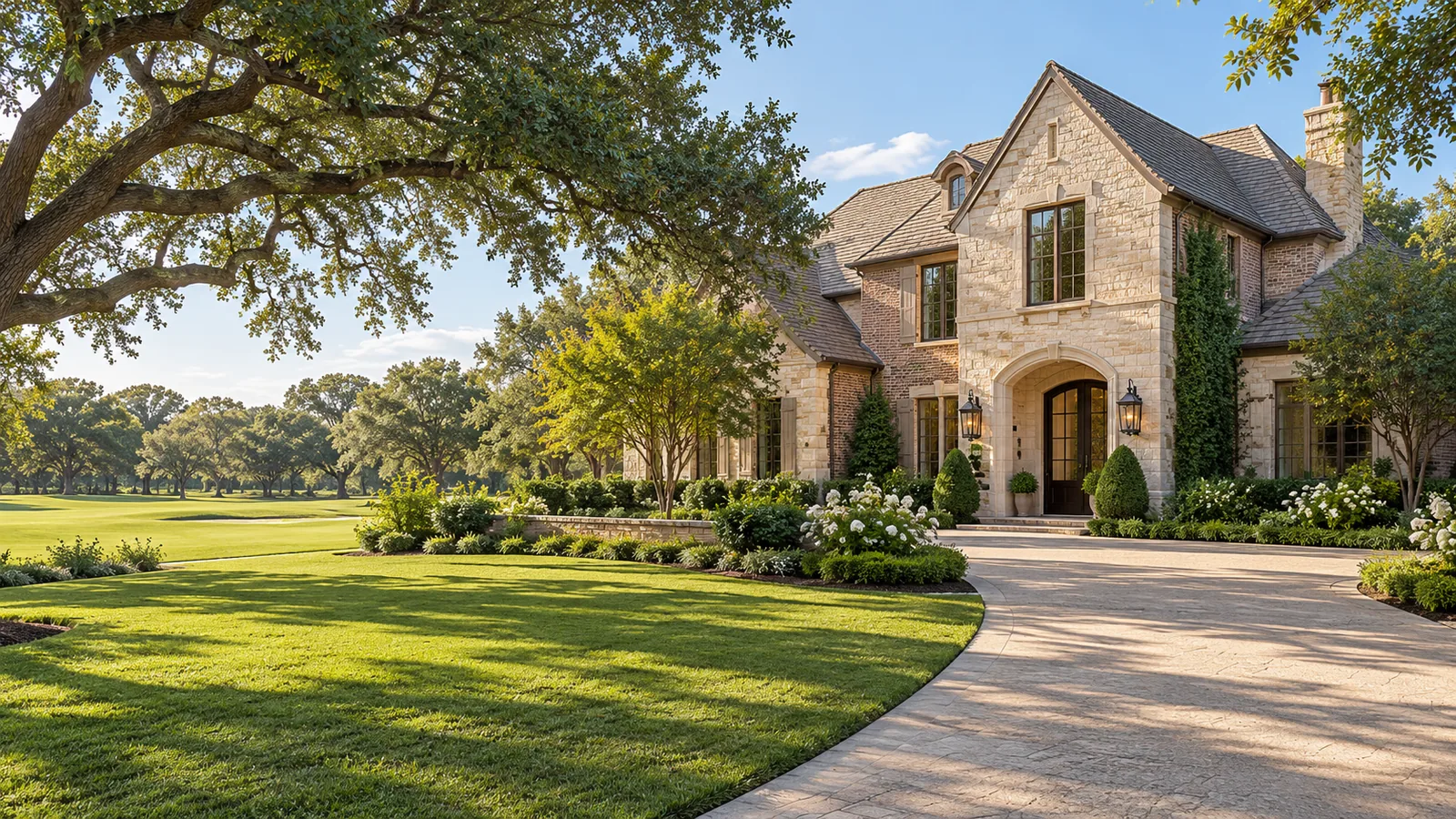 AI architectural illustration of a bright brick home among mature Houston-style trees and landscaping