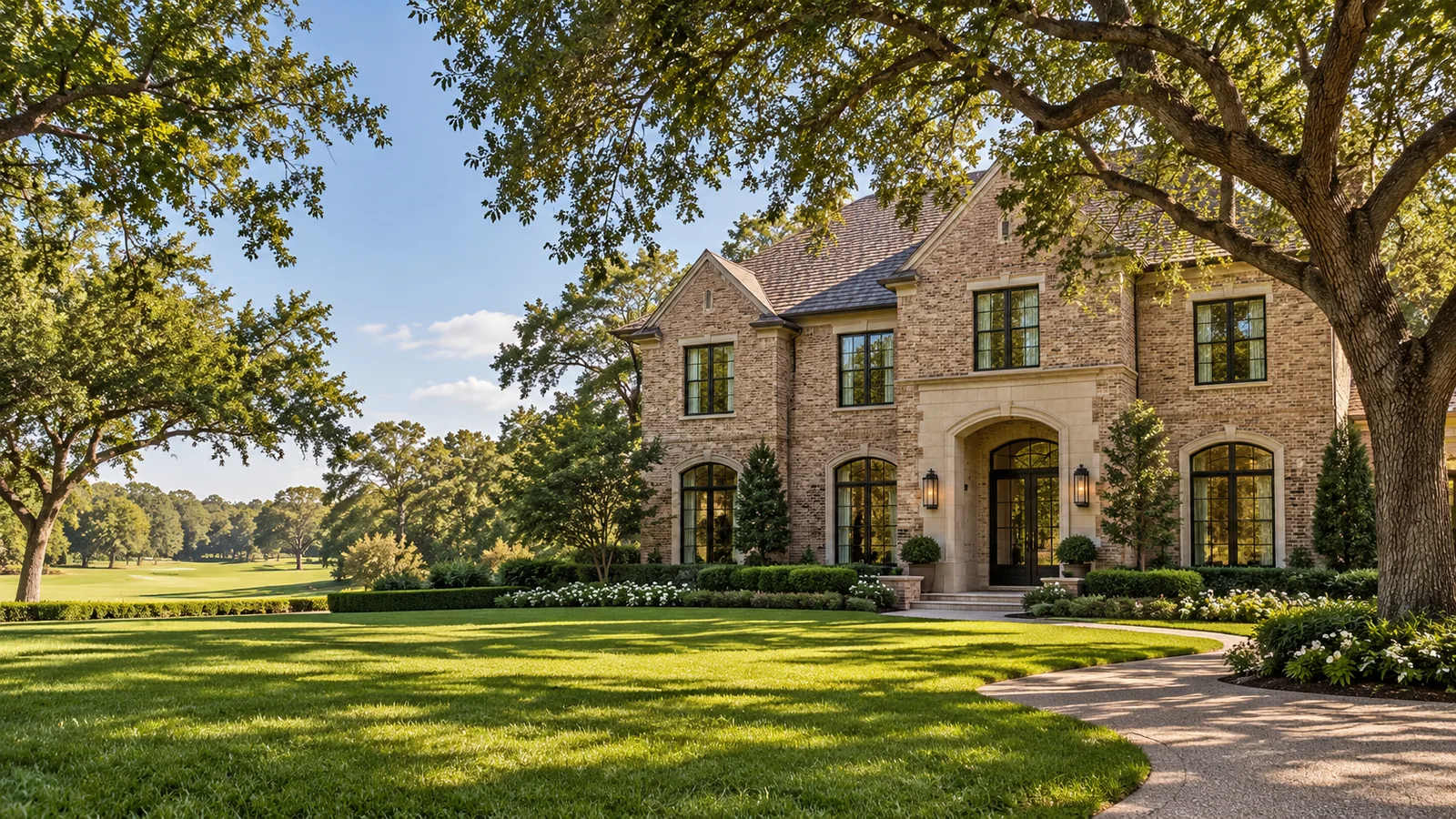AI architectural illustration of a bright brick home among mature Houston-style trees and landscaping