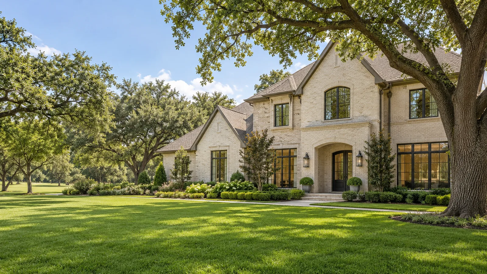 AI architectural illustration of a bright brick home among mature Houston-style trees and landscaping