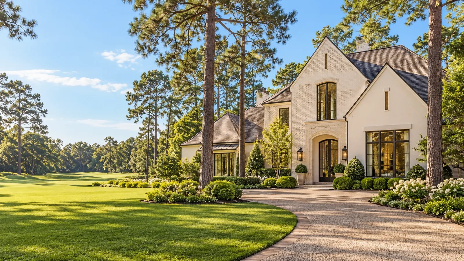 AI architectural illustration of a bright brick home among mature Houston-style trees and landscaping