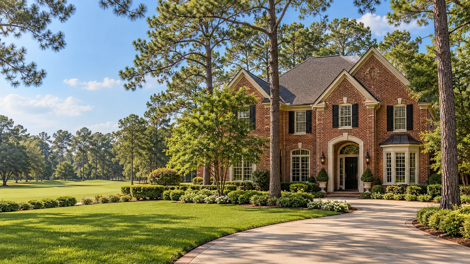 AI architectural illustration of a bright brick home among mature Houston-style trees and landscaping