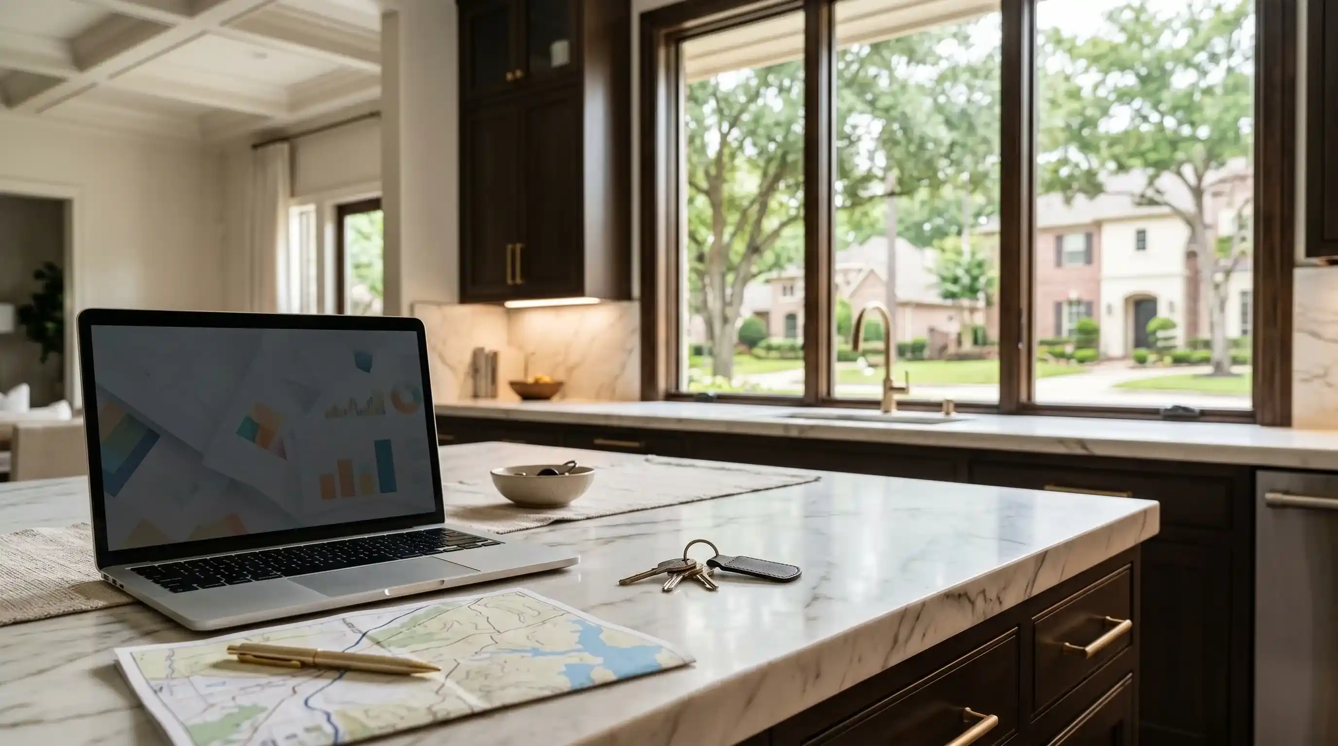 Kingwood and Lake Houston relocation planning scene with keys, market charts, and neighborhood view