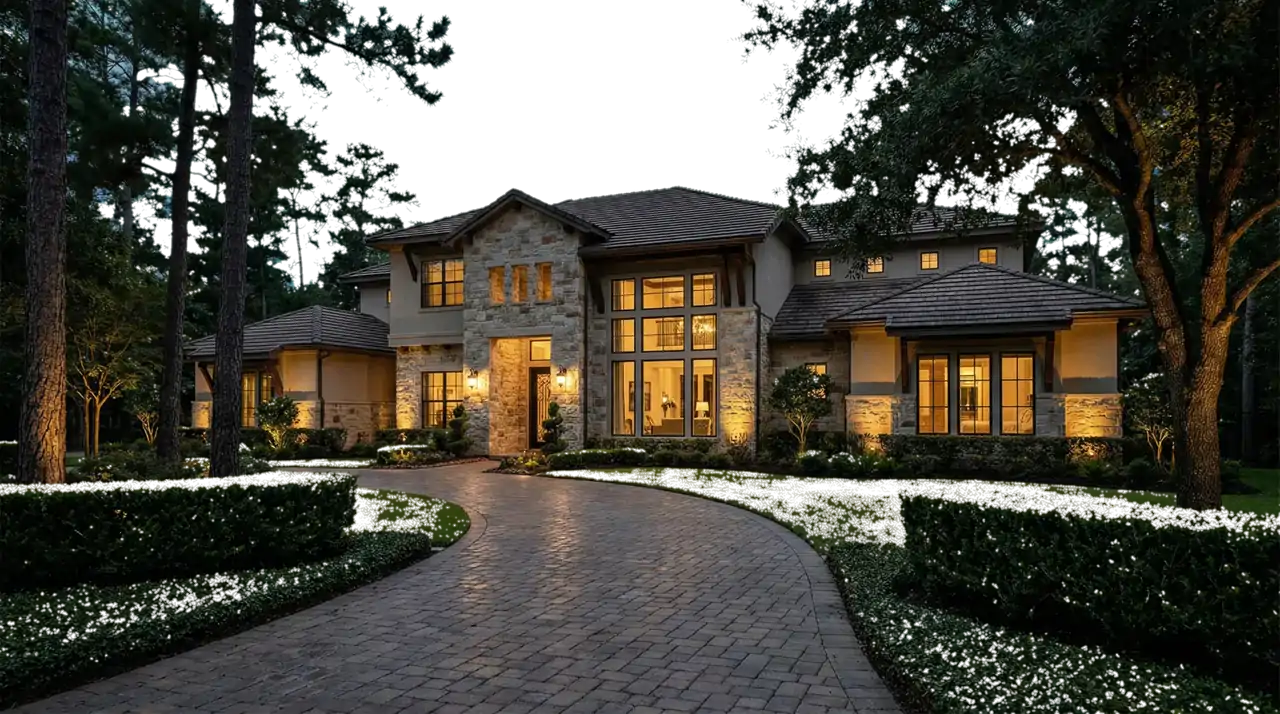 Luxury hero exterior — Kingwood TX twilight shot